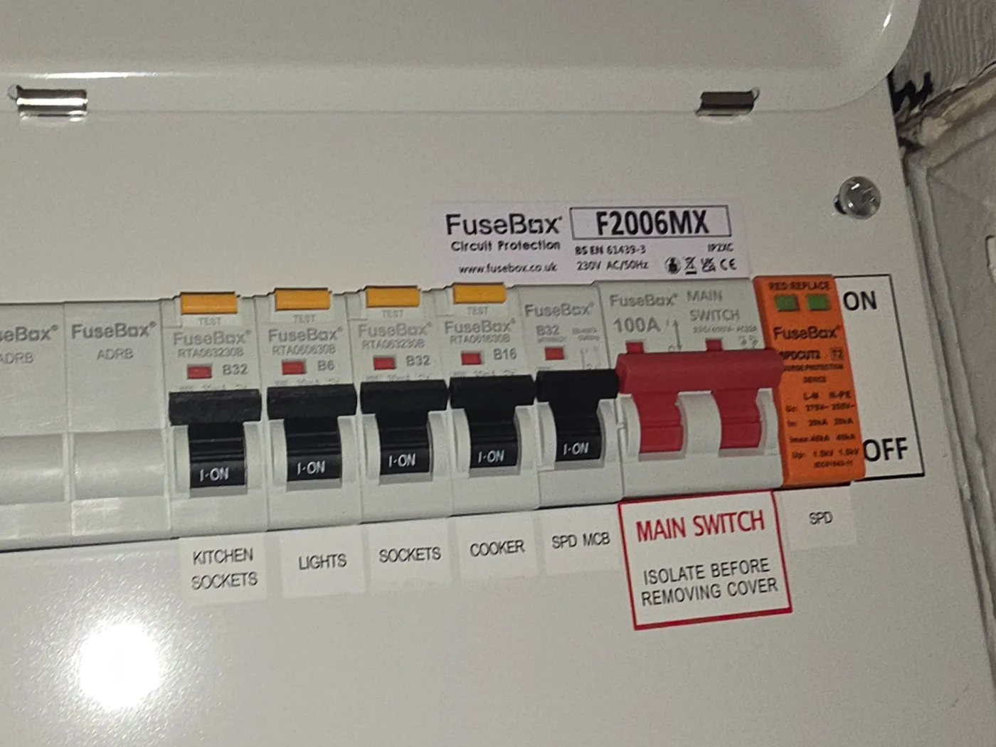 Modern FuseBox consumer unit clearly labelled in Rutherglen