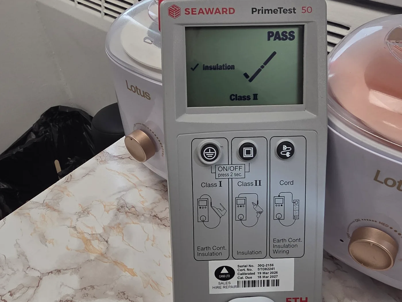 Portable appliance testing with a Seaward tester showing a pass